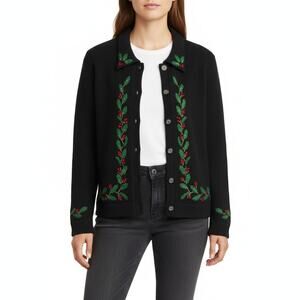 LIZ CLAIBORNE Wool Angora Embroidered Holly Button Cardigan Black Women’s M